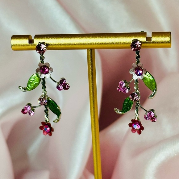 Pink Floral Vine Dangle Earrings | Green Leaf Spring Statement Jewelry - Picture 1 of 11